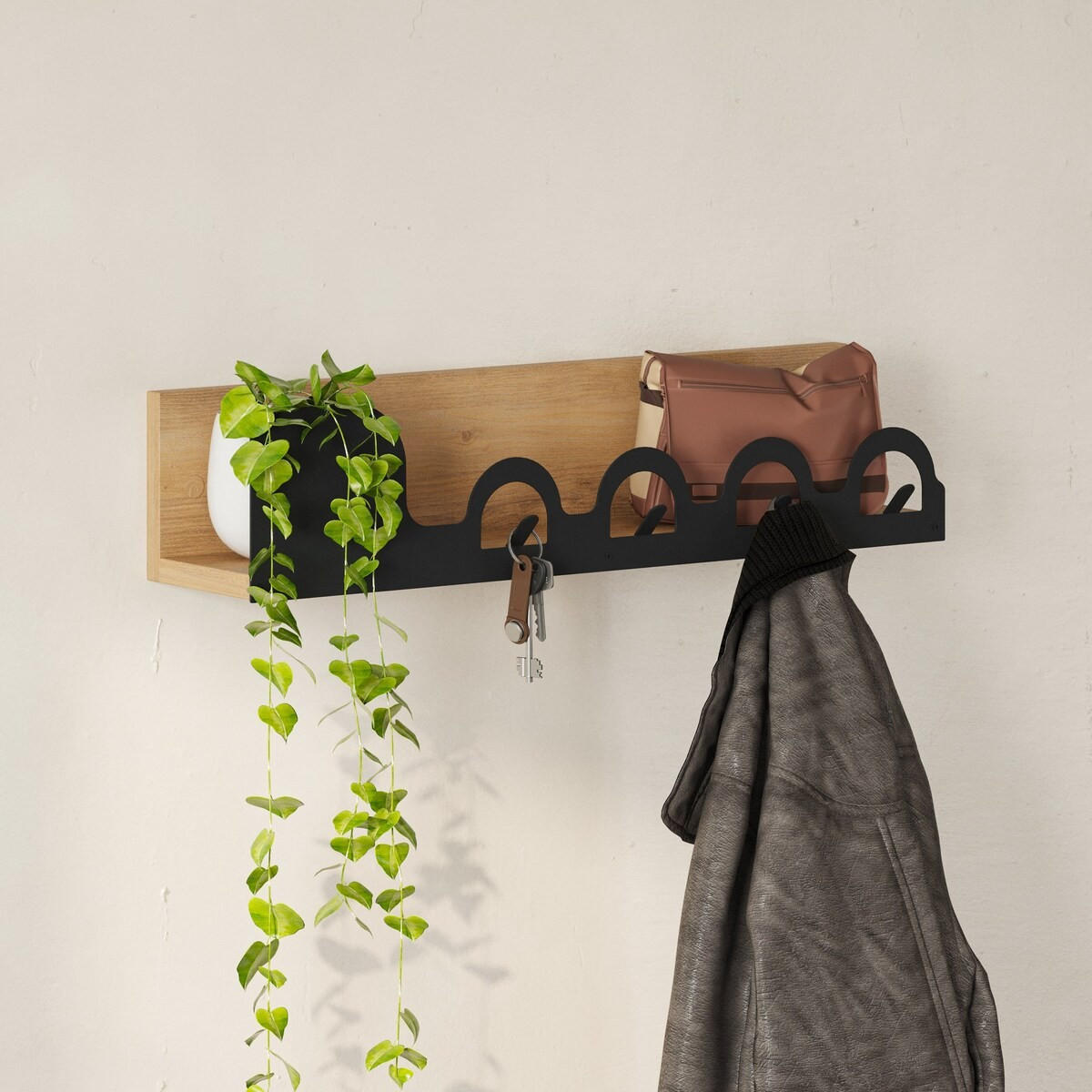 ZÁVĚSNÝ věšák na kabáty, dubová povrchová úprava, šířka 63 cm - LIORA HANGER - barva jasanu, kompozitní dřevo (14/14/73.6cm) - Calicosy