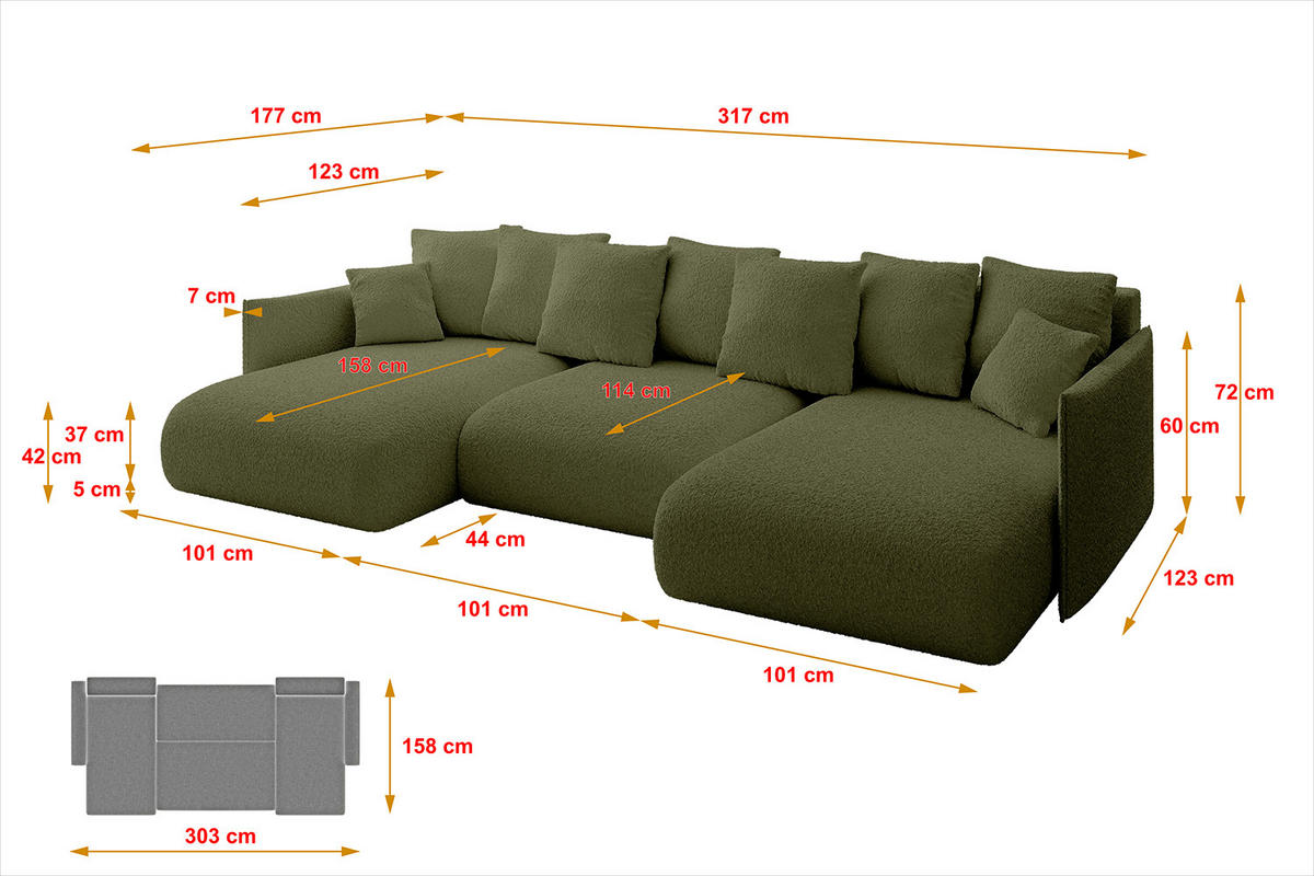 WOHNLANDSCHAFT mit Schlaffunktion und Bettkasten ONESK-U 317x177x72 Grün Bouclé - Olivgrün, Holzwerkstoff/Kunststoff (317/72/177cm) - ALTDECOR
