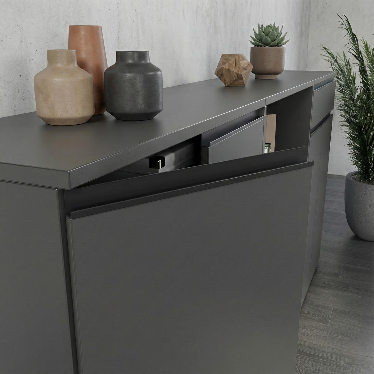 BÜRO-SET "Stuttgart" 3-teilig Soft-Close Graphit 273x120cm - Schwarz, Holzwerkstoff (273/120/40cm) - KADIMA DESIGN