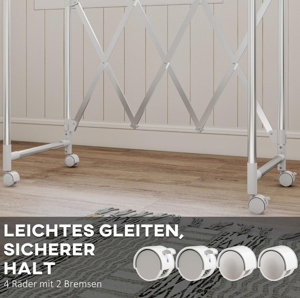 GARDEROBENSTÄNDER faltbar aus Edelstahl mit 3 ausziehbaren Stangen und Rollen - Silberfarben, Metall (150/197/103cm) - BEAOK