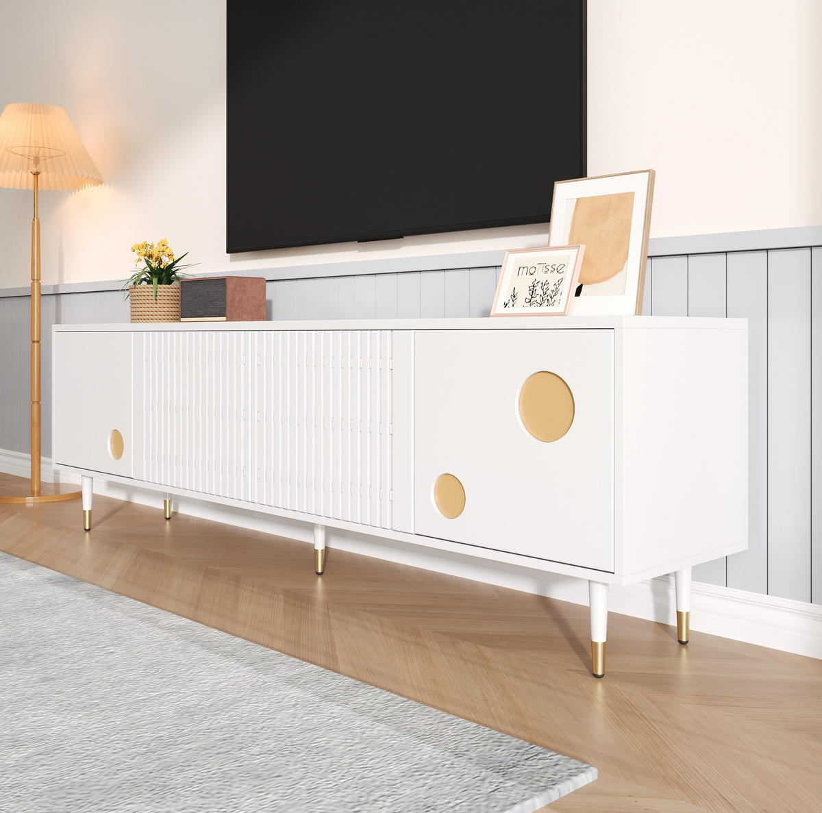 TV ormarić 170/36/54 cm bijeli od MDF-a s 4 vrata i otvorima za kabele - bijela, drvni materijal (170/54/36cm) - OKWISH