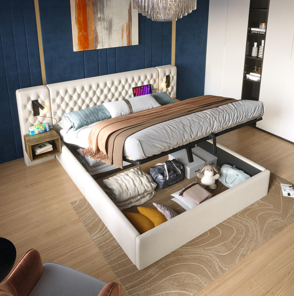POLSTERBETT aus Samt 180x200 cm Beige mit Bettkasten, Nachttischen, Leselampen und USB-/Type-C-Anschlüssen - Beige, Textil (180/200cm) - Modfu