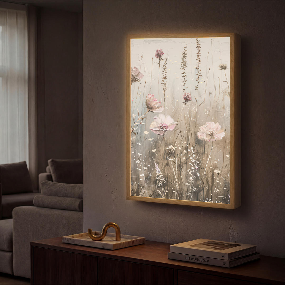 NÁSTĚNNÁ LAMPA S AKUMULÁTOREM Květiny - růžová - moderní - béžová 40x60 cm - starorůžová, kompozitní dřevo (40/60/8cm) - OnlyWow