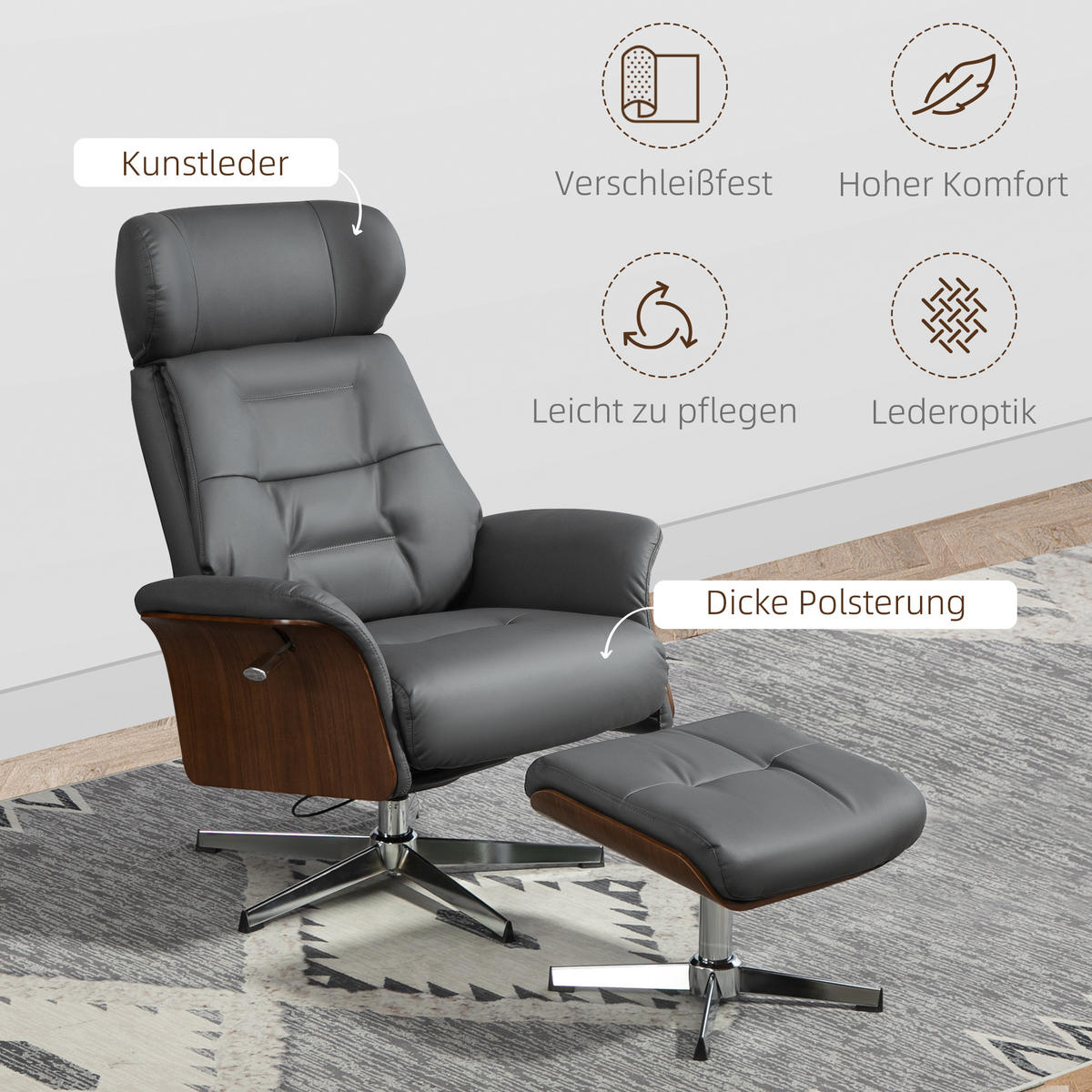 RELAXSESSEL mit Hocker, Fernsehsessel mit Liegefunktion, verstellbare Kopfstütze - Dunkelgrau, Kunststoff (84/108/80cm) - HOMCOM