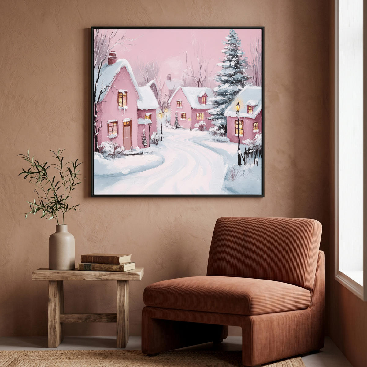 LEINWAND Bilder mit Rahmen - Weihnachtsdorf - Rosa - Winter - Schnee - Häuser - 90x90 - Altrosa, Textil (90/90cm) - MuchoWow