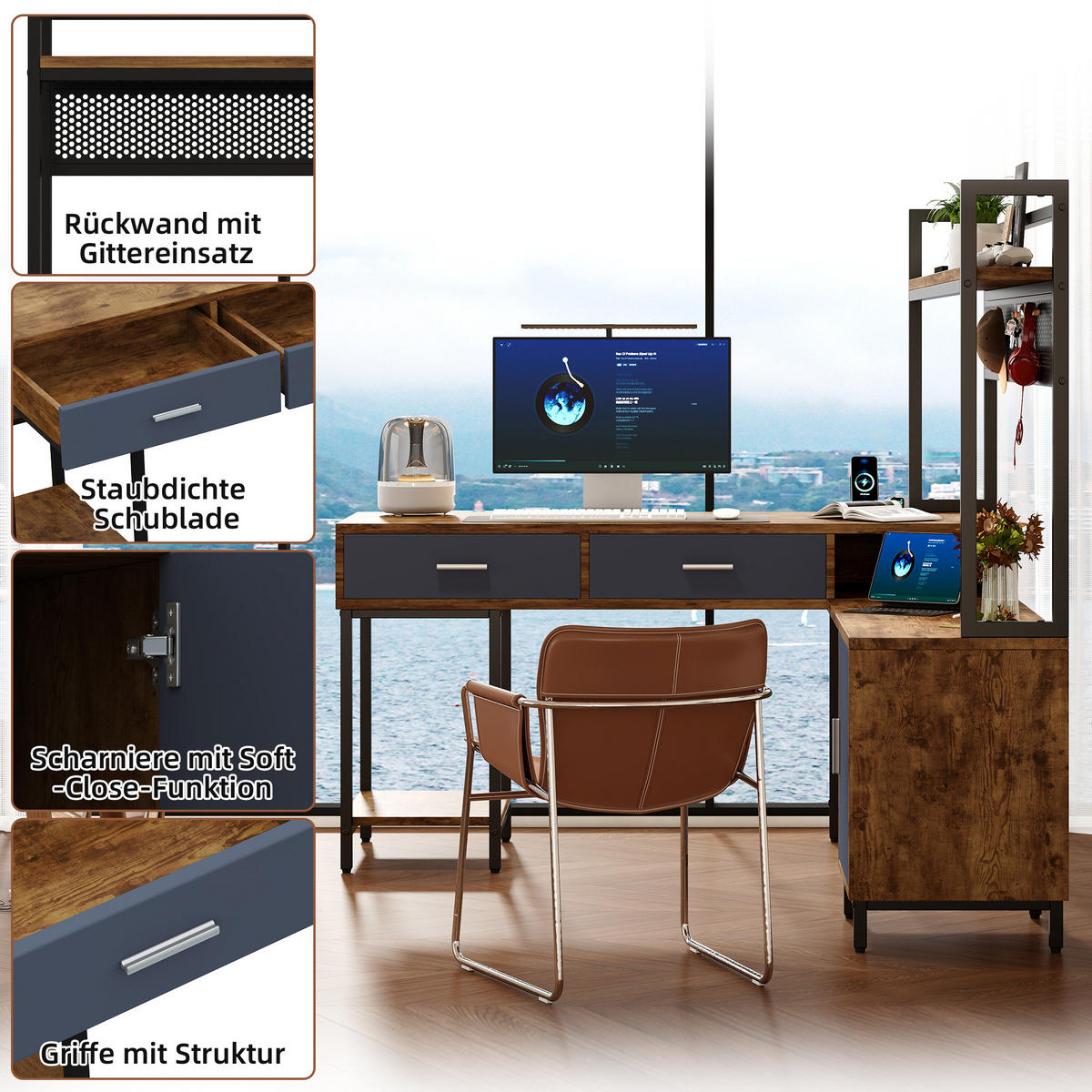 ECKSCHREIBTISCH Schwarz und Naturholzfarben 140/140/135 cm mit Schubladen und Regal - Schwarz, Holzwerkstoff (140/140/135cm) - PANGIVO