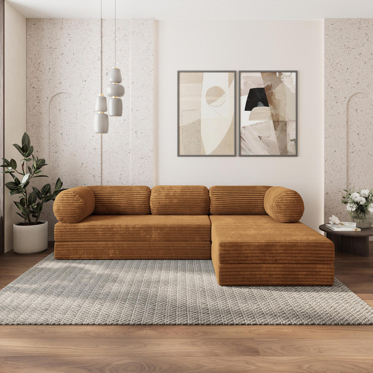 ROHOVÁ SEDAČKA ETERA modulární Boneless pohovka s funkcí spaní, měděná TILIA 56 - pomerančová, textil (270/160cm) - MASSENO