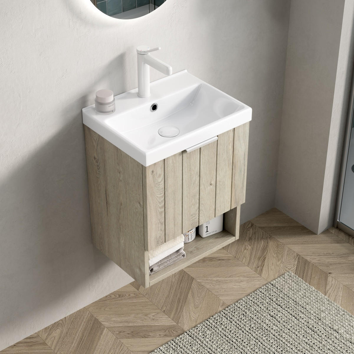 BADMÖBEL Waschtisch 42 cm,Wandhängend Keramik-Waschbecken Eiche Creme Unterschrank Doppeltür - Creme, Holz (42/53/32cm) - PARAFTA HOME
