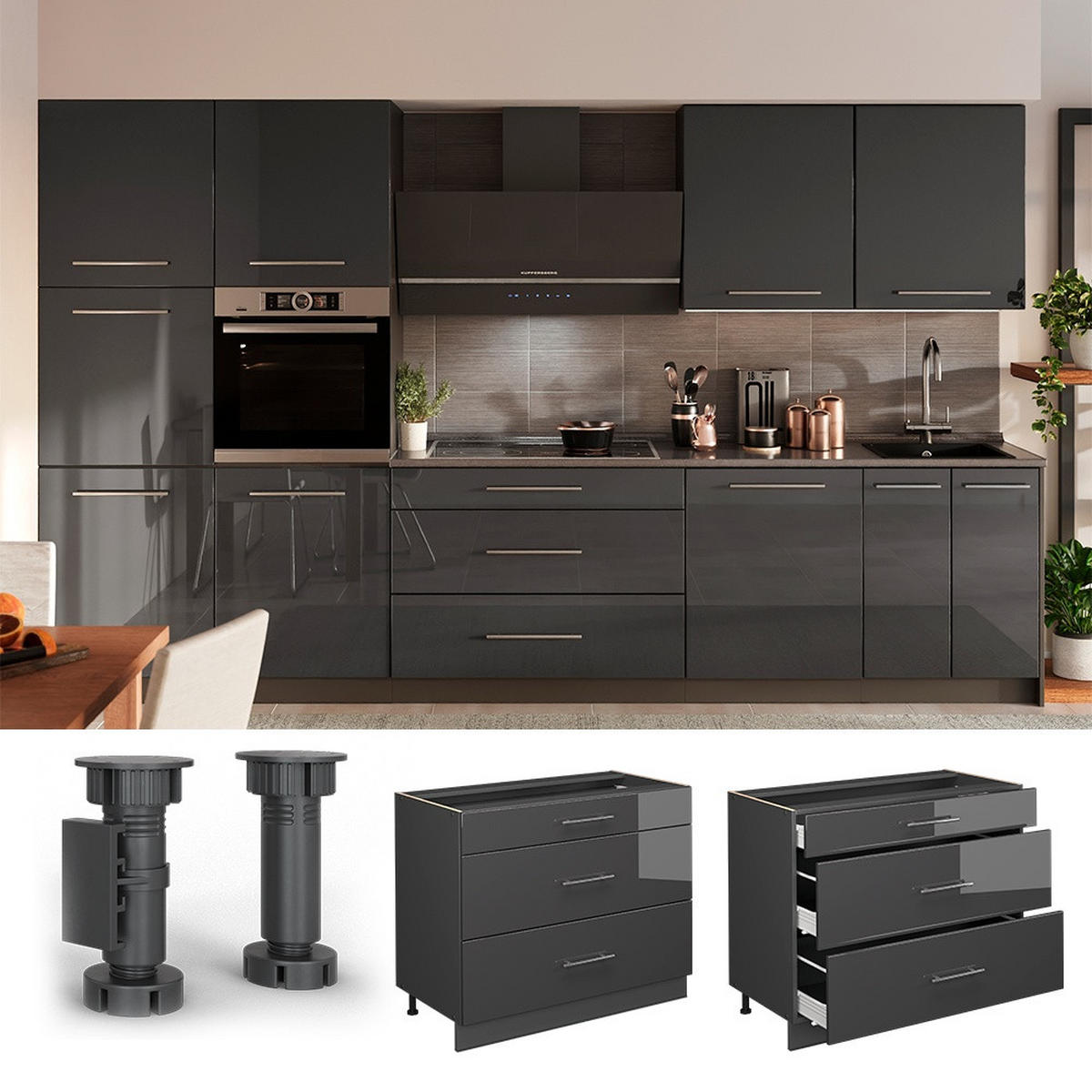 KÜCHENUNTERSCHRANK Fame-Line, Anthrazit Hochglanz/Anthrazit, 100 cm, AP Anthrazit - Schwarz Hochglanz/Anthrazit, Holzwerkstoff (100/82/60cm) - Vicco