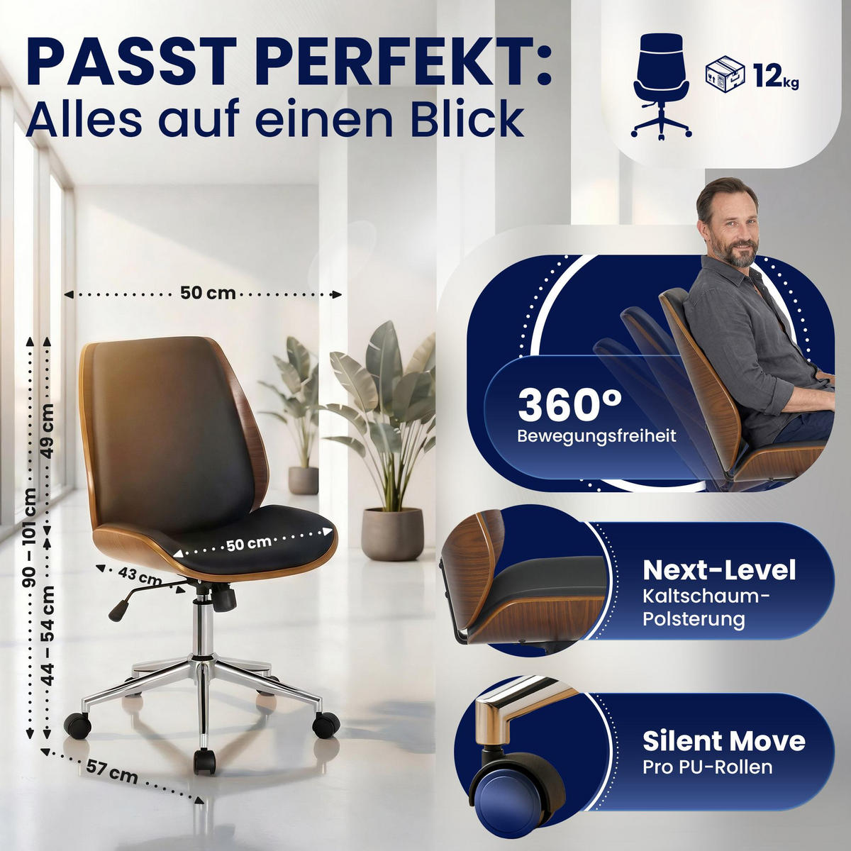 DREHSTUHL Lederlook Walnuss/Schwarz - Chromfarben/Walnussfarben, Textil/Metall (49.5/90/57cm) - CLP