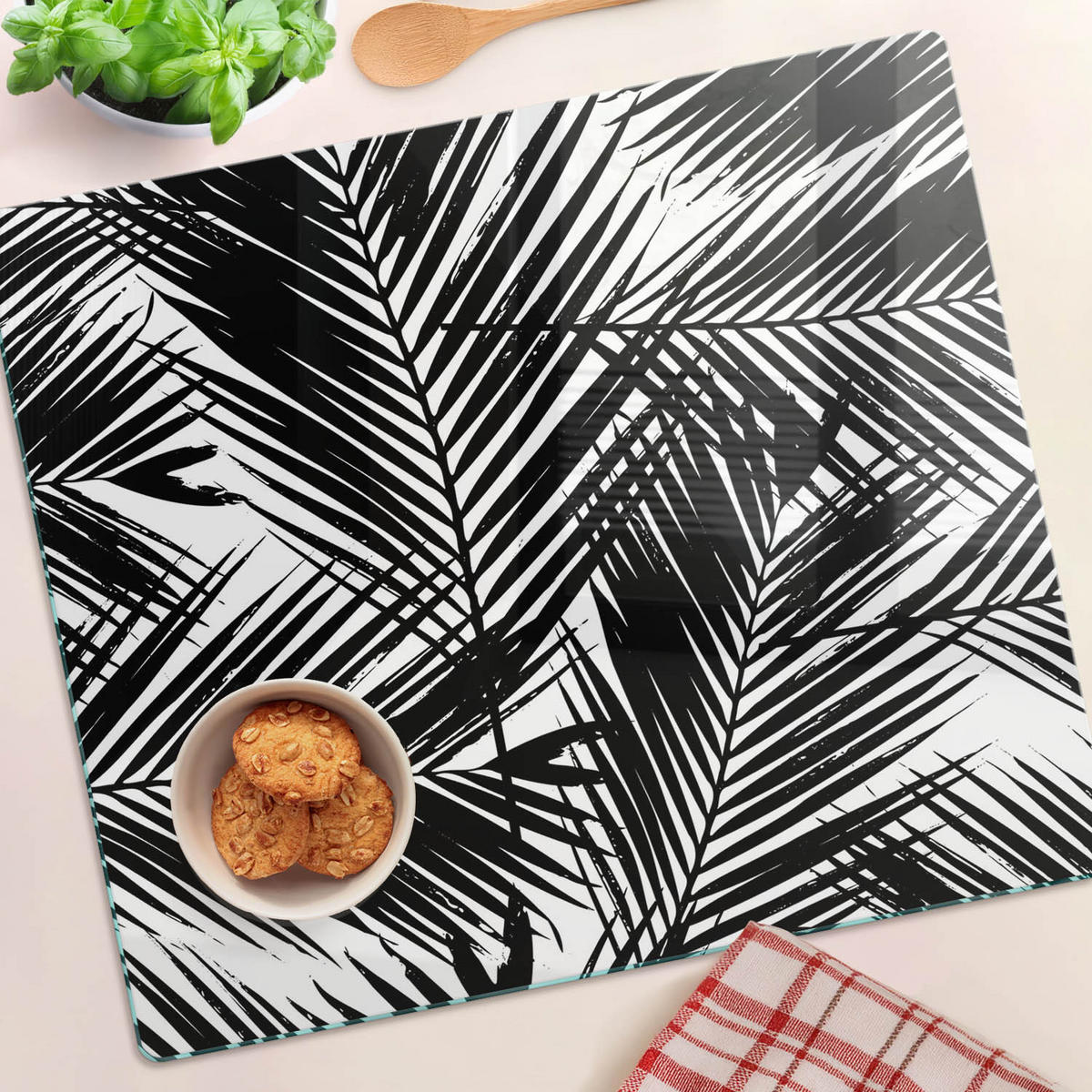 GLASPLATTE 60x52 cm Palmblätter - Schwarz, Glas (60/0.4/52cm) - TULUP
