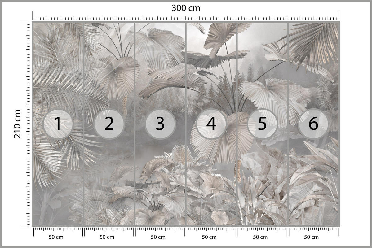 FOTOTAPETE für Wohnzimmer Tropische Blätter Dschungel Palmen Grau 300x210 - Beige/Grau, Papier (300/210cm) - Muralo