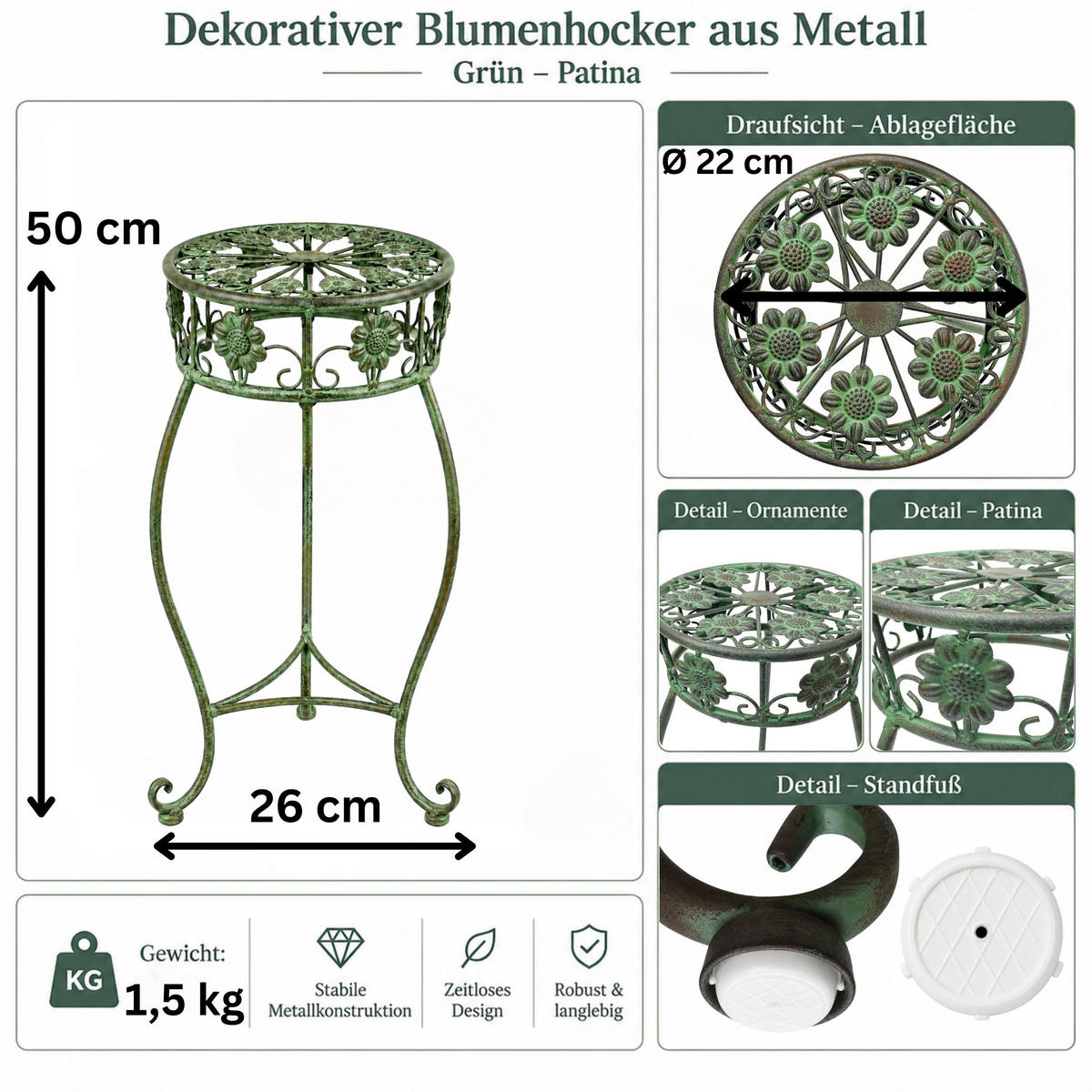 BLUMENHOCKER rund Metall Grün antik 26/26/50 cm - Grün, Metall (26/50/26cm) - DanDiBo