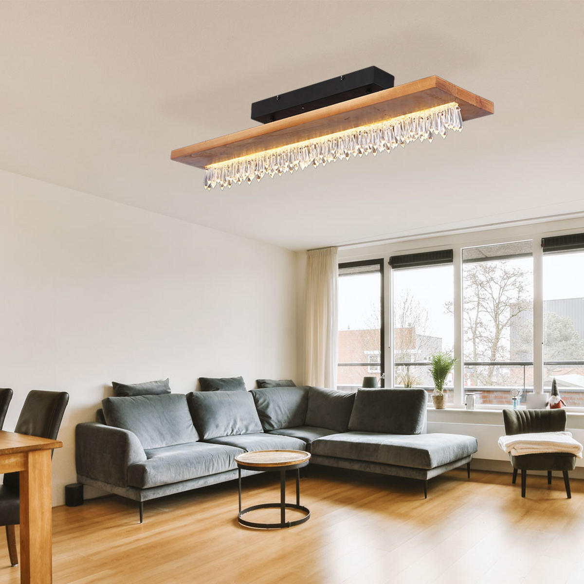 LED DECKENLEUCHTE Holz Braun Kristalldekor - Braun, Holz (80/20/19.5cm) - Globo Lighting