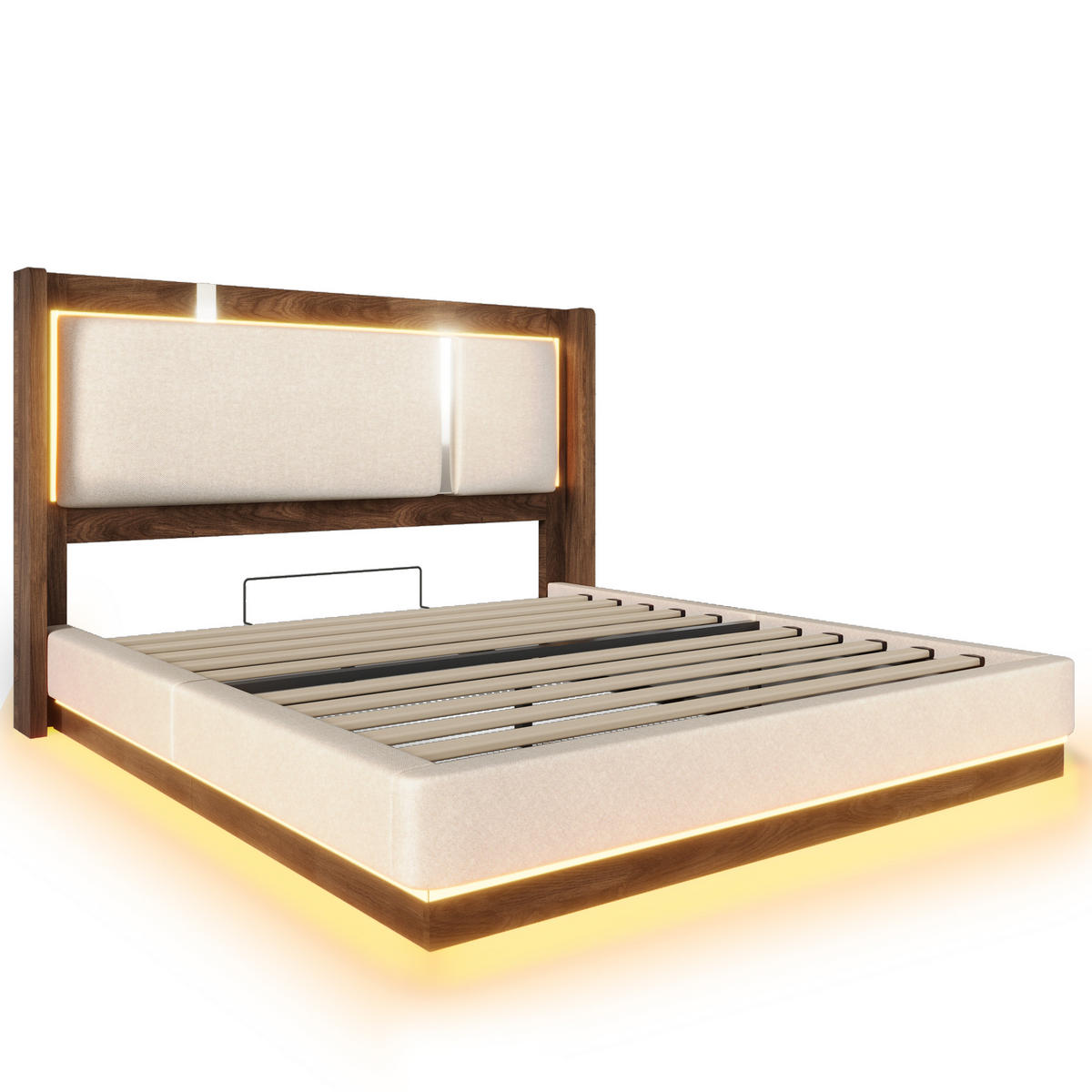 POLSTERBETT 160/200 cm Weiß mit LED und Bettkasten, ohne Matratze - Beige, Textil (160/200cm) - Oxeza