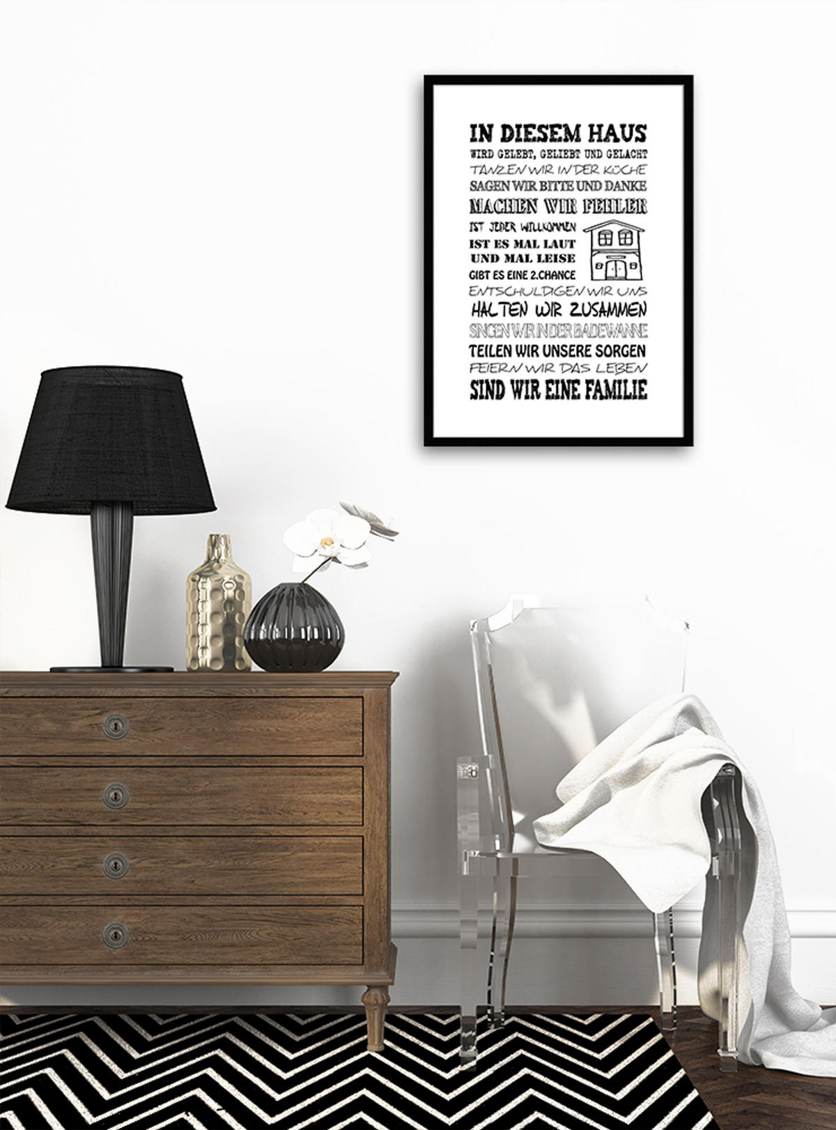 BILD mit Rahmen 51x71 cm Spruch: Hausregeln Familie - Weiß, Holz (51/71cm) - artissimo