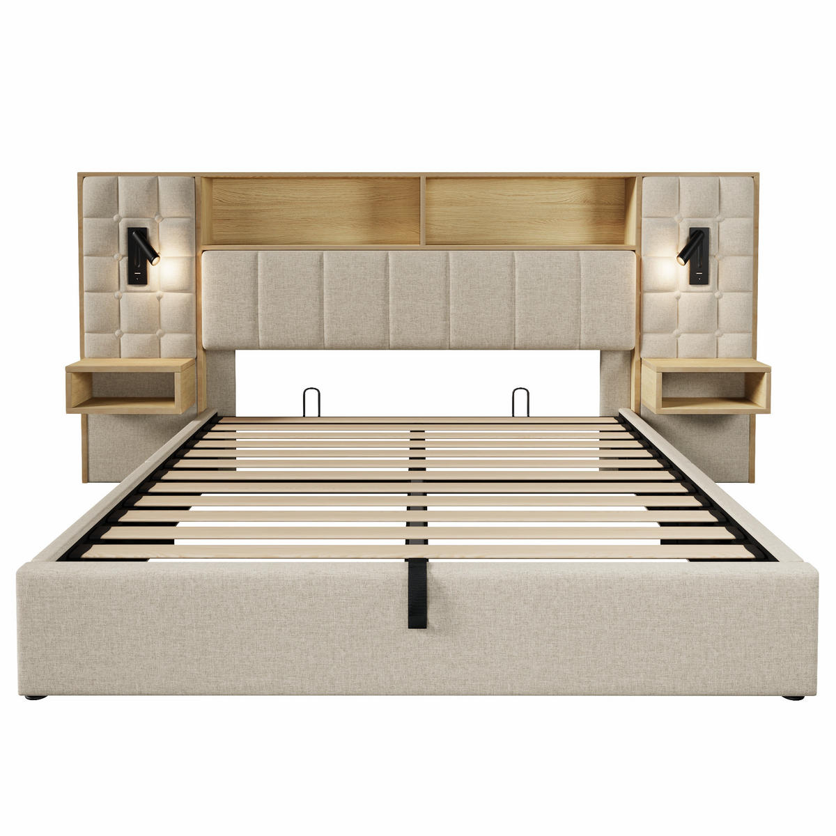 POLSTERBETT 160/200 cm Beige mit LED, 2 Leselampen und 2 integrierte Nachttische - Beige, Textil (160/200cm) - Oxeza