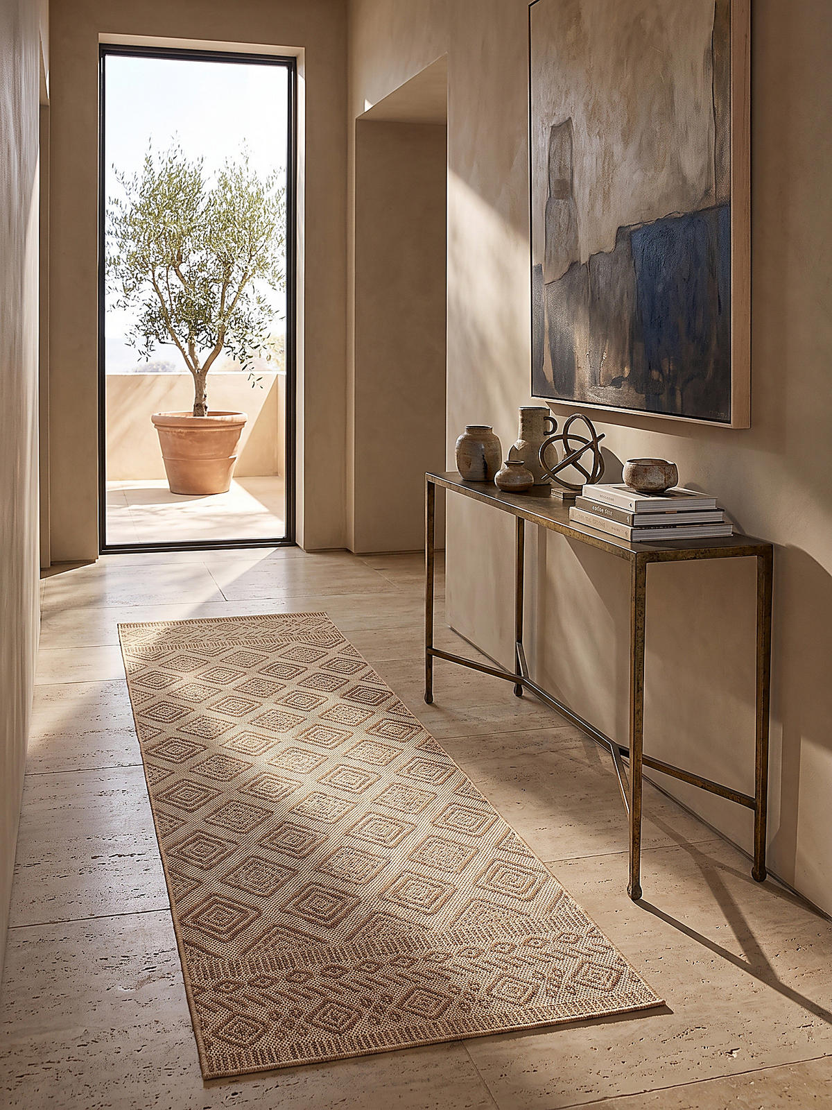 LÄUFER Outdoor, Fußbodenheizung-geeignet, mit Rautenmuster, VIGOLENO in Beige-Braun, 80 x 250 cm - Beige, Textil (80/250cm) - KADIMA DESIGN