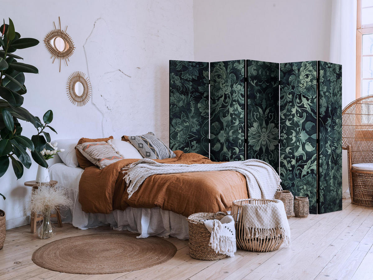 PARAVÁN Obojstranný 5-dielny 225x172 cm Smaragdovozelené Ornamenty - zelená, drevo/textil (225/172/3cm) - Muralo