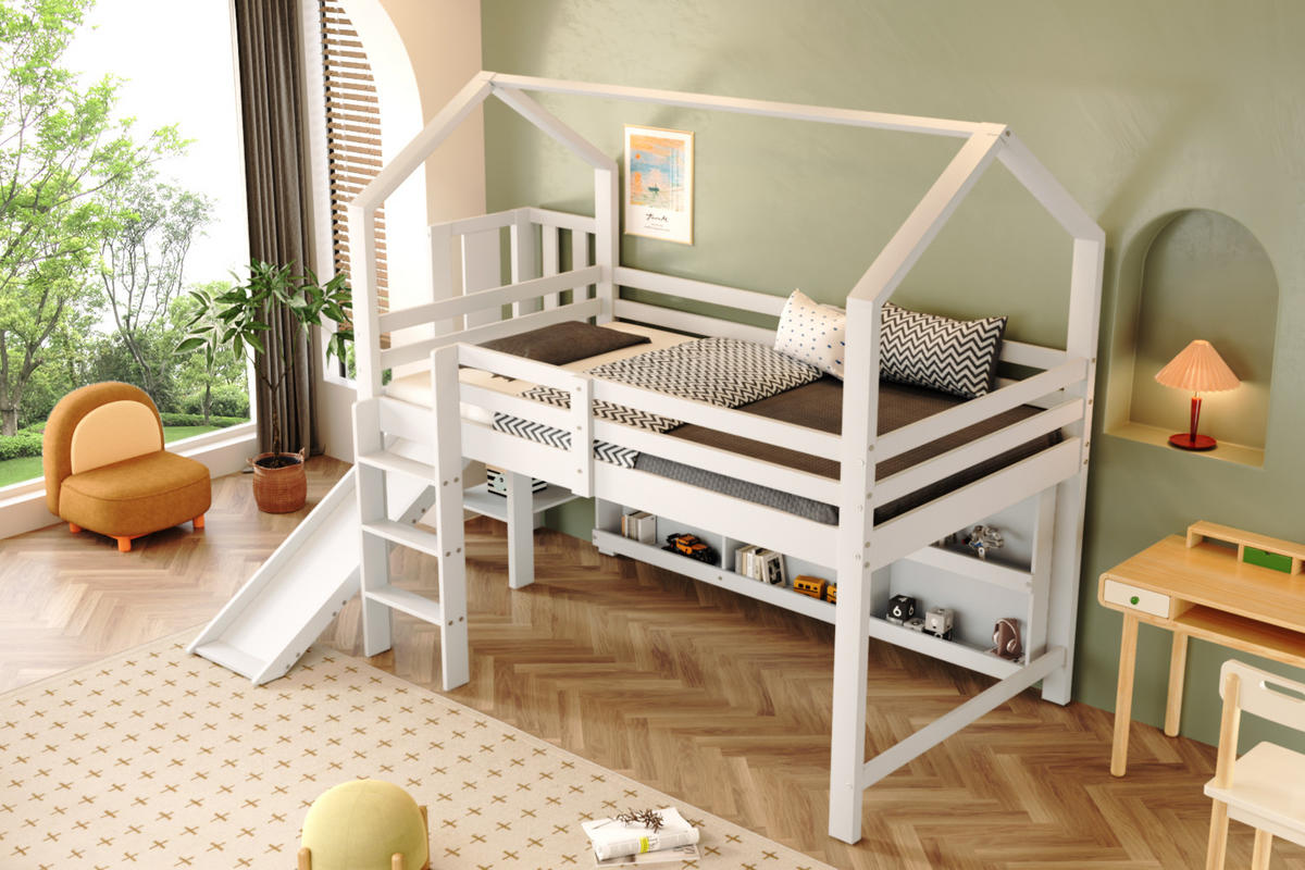 KINDERBETT mit Rutsche und Stauraum 90x200 cm Weiß - Weiß, Holz (90/200cm) - Meubliv
