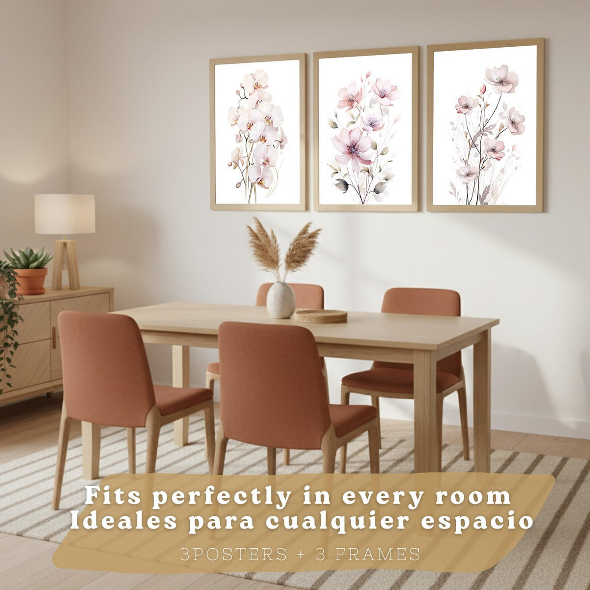 POSTER 3er-Set Wandbilder Orchidee Rosa modern Wohnzimmer Deko, Schlafzimmer, Küche, Badezimmer Rahmenlos A4 - Beige, Papier (29.7/1/21cm) - Nacnic