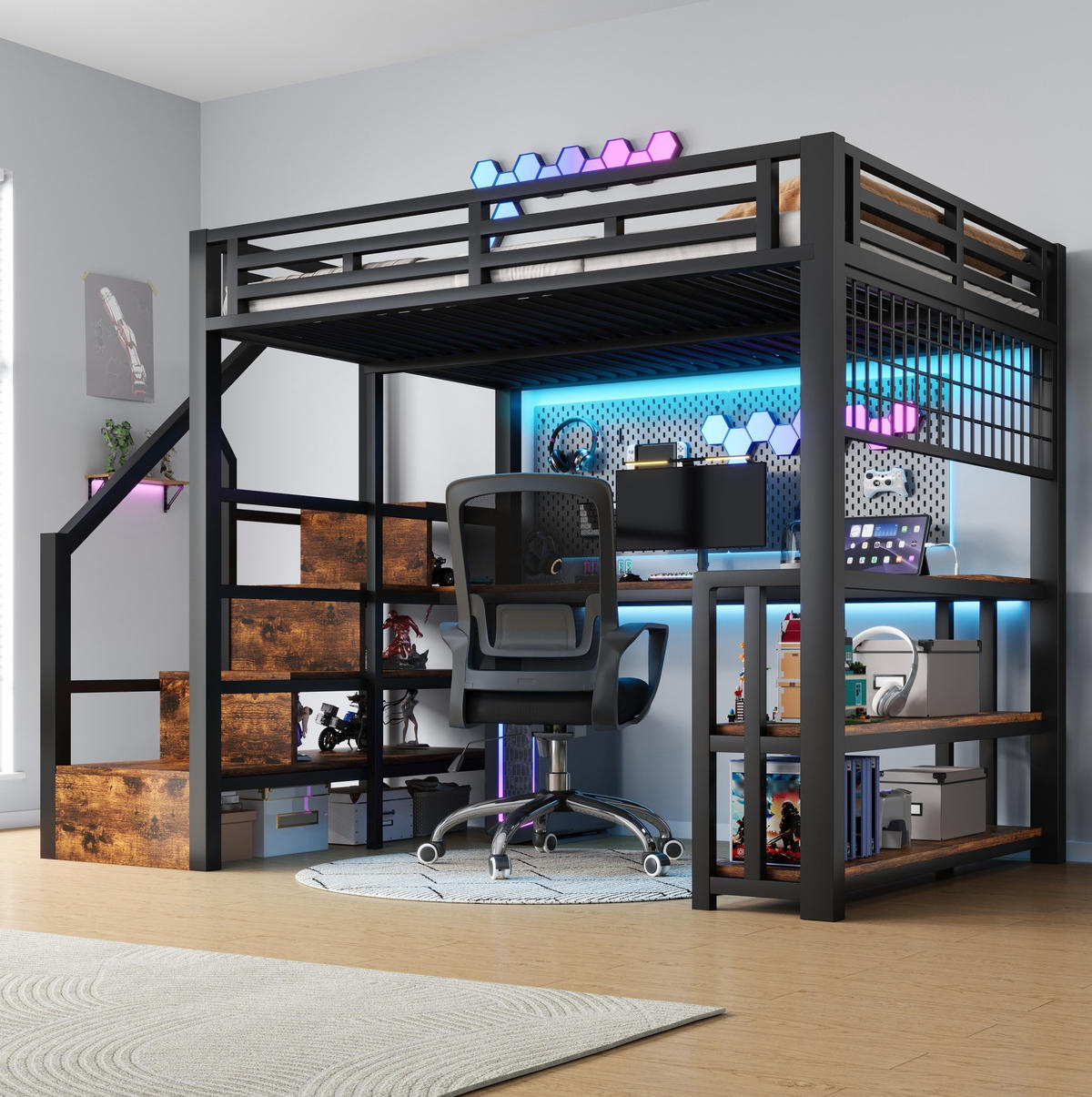 HOCHBETT 140/200 cm Schwarz aus Metall mit Schreibtisch - Schwarz, Metall (140/200cm) - OKMYHOME