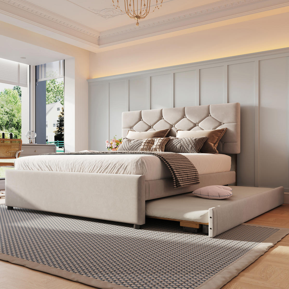 POLSTERBETT 140/200 cm in Beige mit Ausziehbett, Samt - Beige, Holzwerkstoff/Textil (140/200cm) - CHICFURN