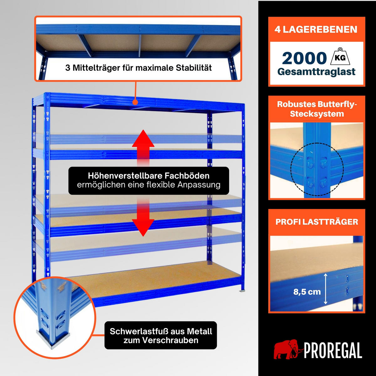 SCHWERLASTREGAL Rhino 180x200x60 cm 4 Spanplatten-Ebenen 16mm Fachlast 500 kg Blau - Blau, Metall (200/180/60cm) - PROREGAL