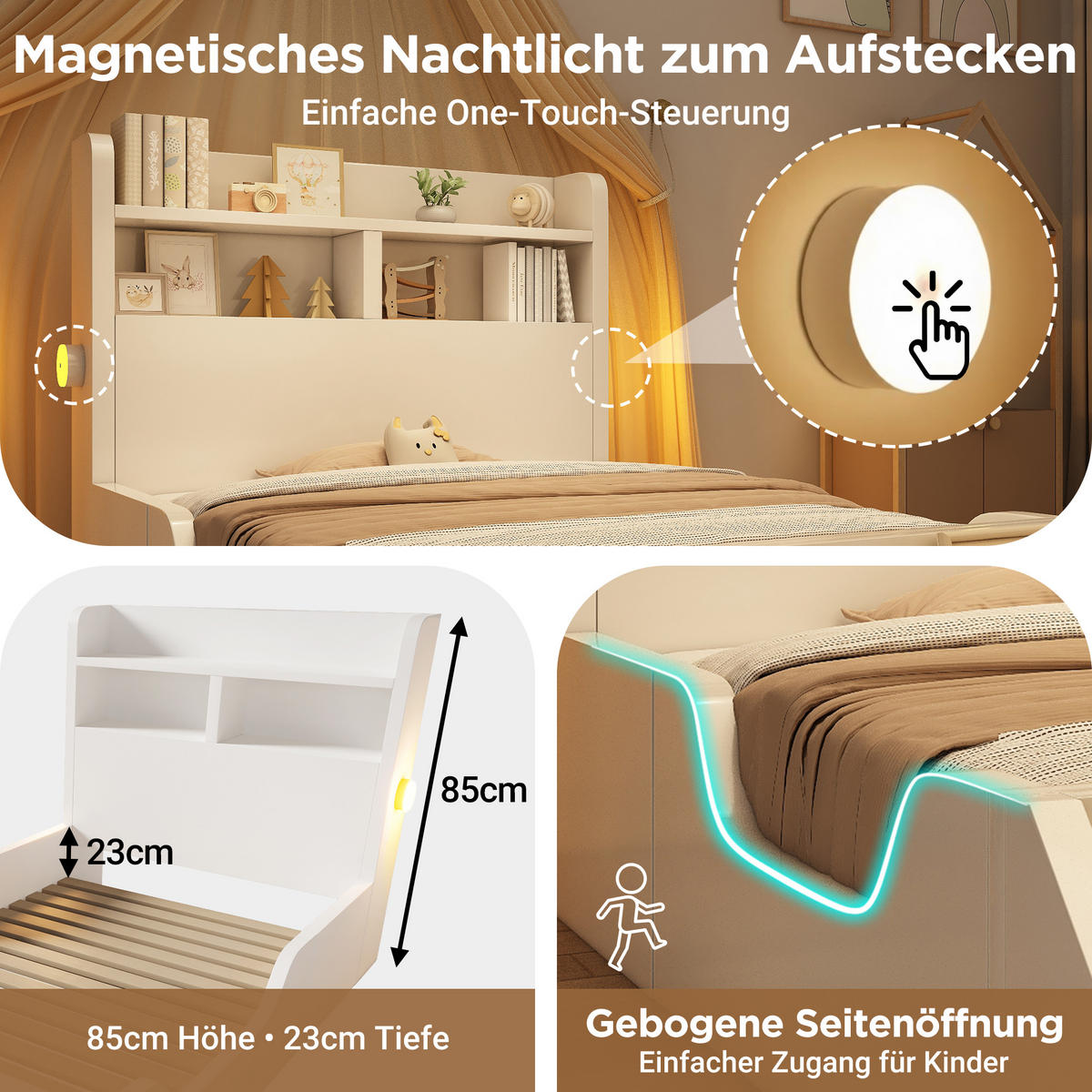 KINDEREINZELBETTEN aus Holz 90x200 cm in Weiß mit Nachtlichtern & Bücherregal - Weiß, Holz (90/200cm) - Modfu