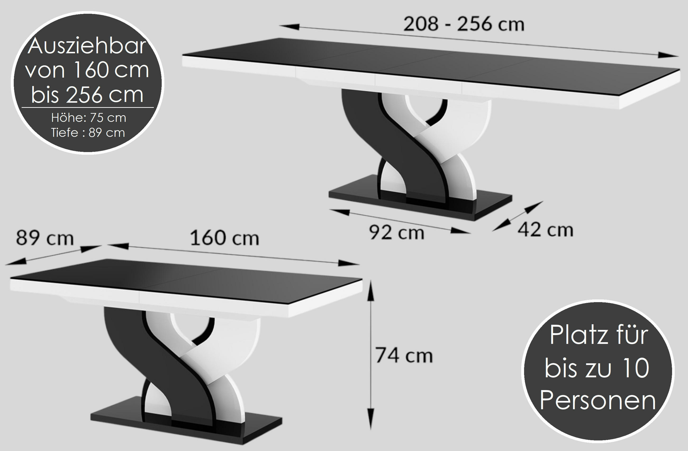Thumbnail - designimpex Esstisch, Weiß Hochglanz, Hellgrau, Holzwerkstoff, 160x74x89 cm, Esszimmer, Tische, Esstische