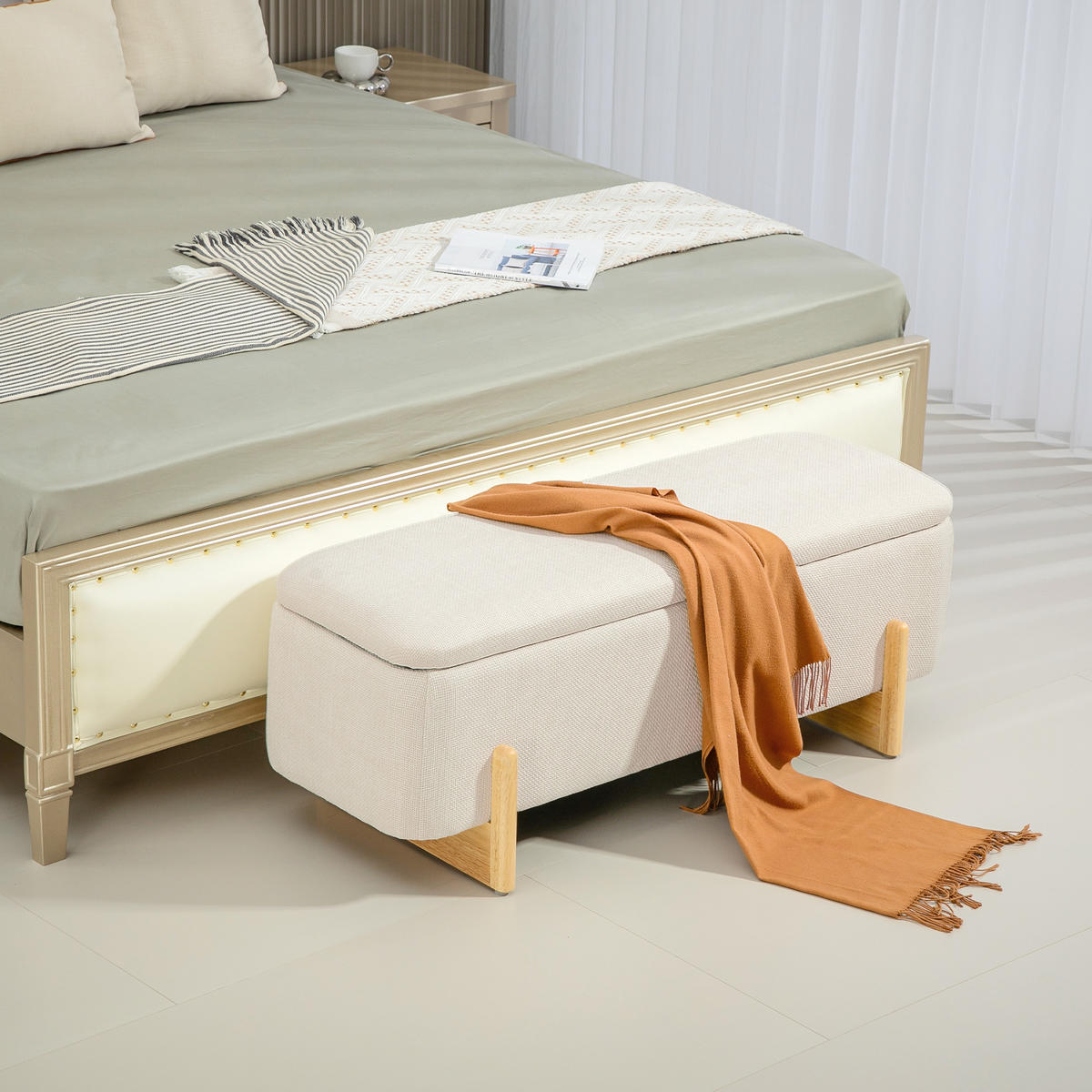 SITZBANK mit Stauraum, Polsterbank mit Leinenoptik, Holzbeine, Creme - Buchefarben/Creme, Kunststoff/Buchenholz (44/44.5/111cm) - HOMCOM