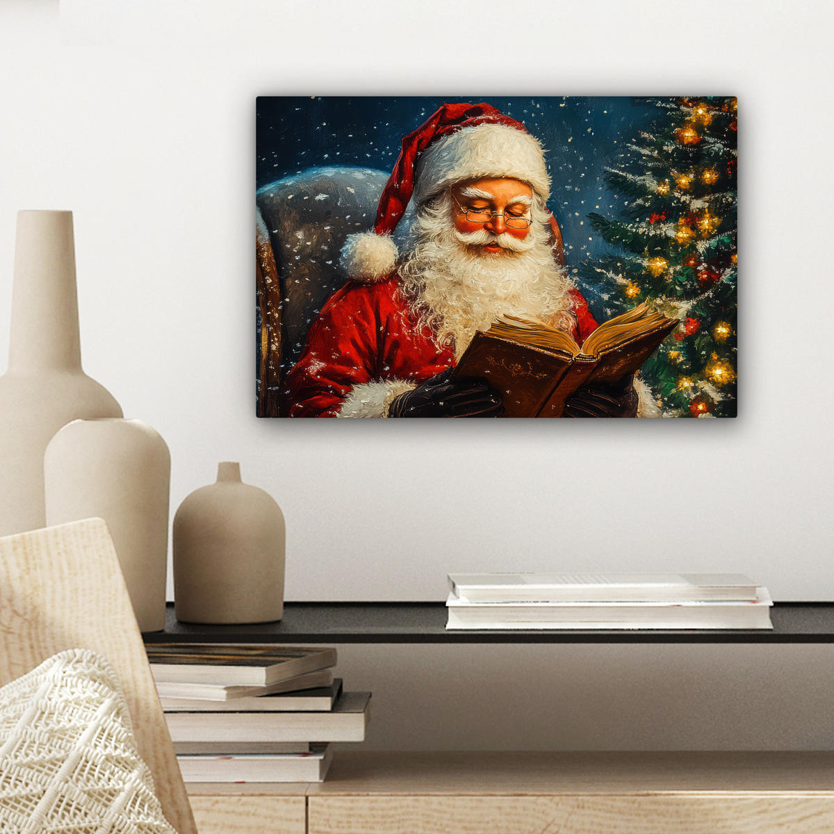 LEINWANDBILD Weihnachtsmann - Weihnachten - Winter - Weihnachtsbaum Deko Schlafzimmer 30x20 cm - Bordeaux, Textil (30/20cm) - MuchoWow