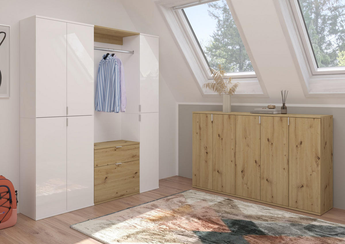 GARDEROBE Nexus 3-tlg. (B/H/T: ca. 152/193/34 cm) in Weiß / Artisan Eiche /weiß hochglanz - Weiß Hochglanz, Holzwerkstoff (152/193/34cm)