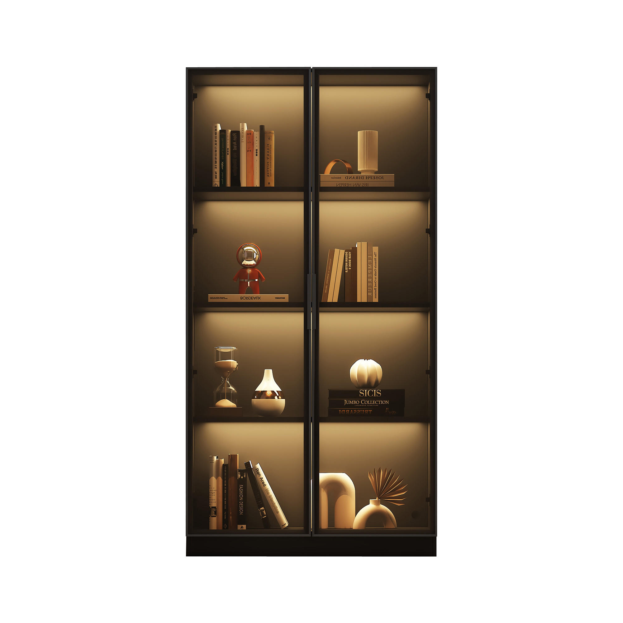 VITRINE LED Glas 2 Türen verstellbare Böden 160cm Schwarz - Schwarz, Holzwerkstoff (80/160/40cm) - FLIEKS