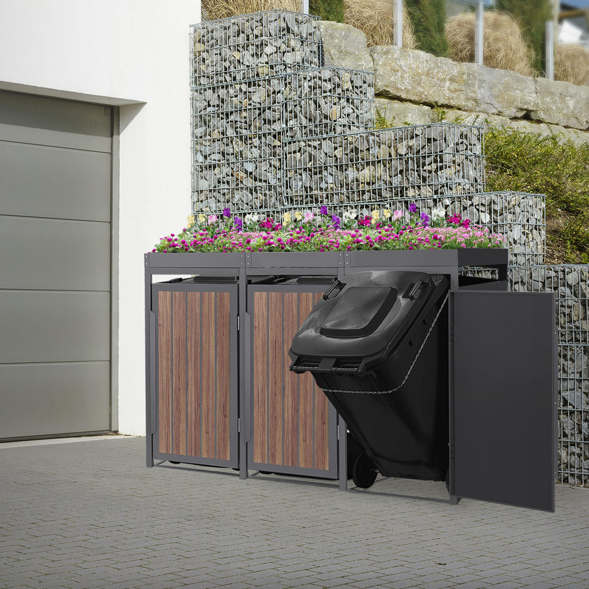 MÜLLTONNENBOX 3er mit Pflanzdach 240L Anthrazit-Holzoptik aus Stahl - Dunkelbraun, Metall (80/124/196cm) - ML-DESIGN