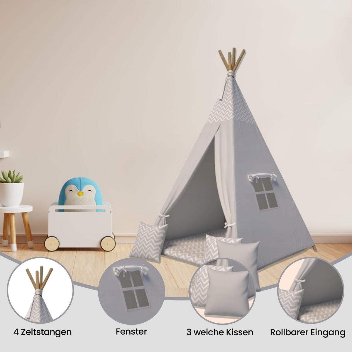 TIPI-ZELT 105 x 105 x 140 cm Zickzack grau mit weichen Kissen | Spielzelt für Kinderzimmer Indoor - Grau, Textil (105/105cm) - Best for Kids