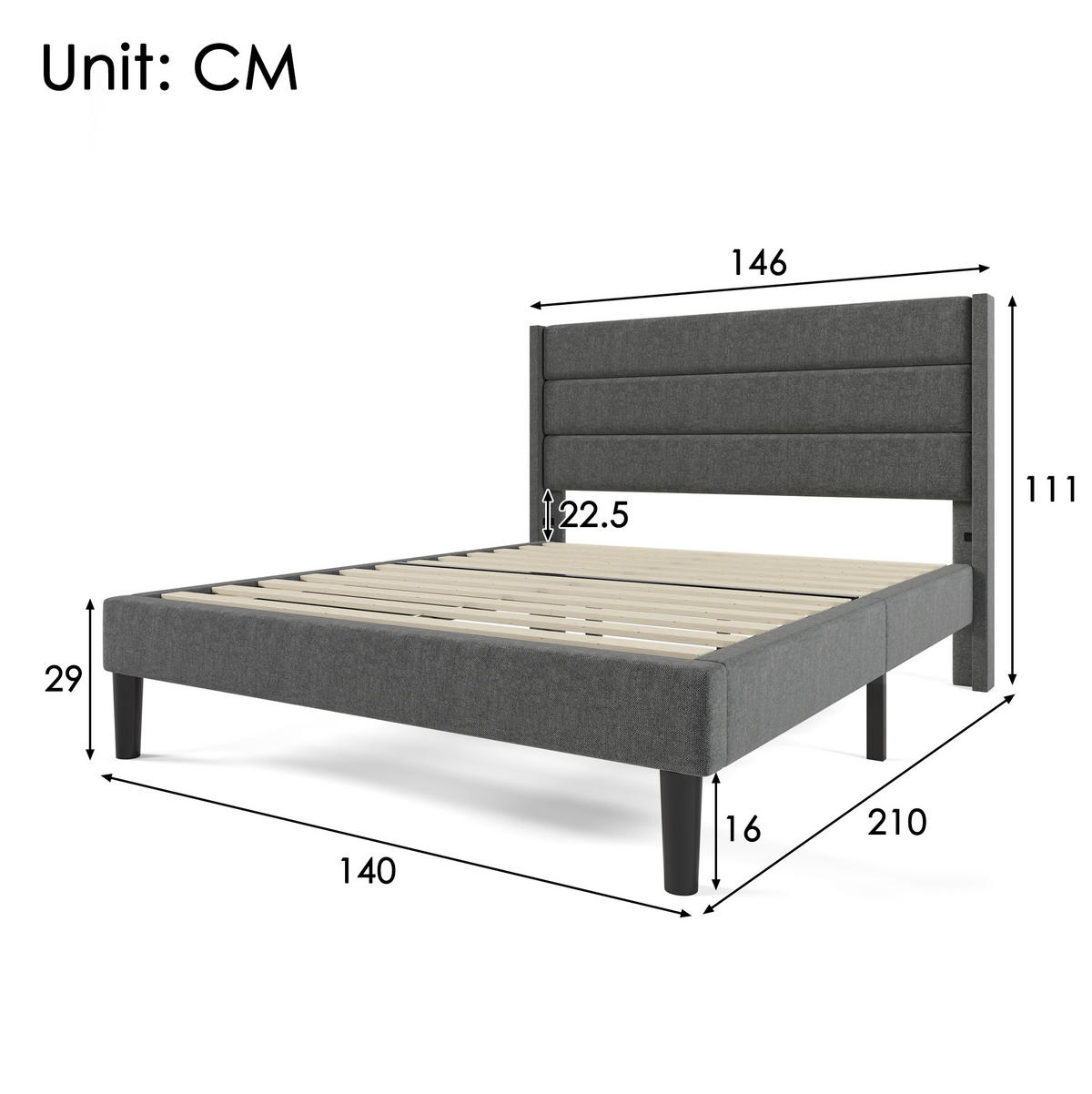 POLSTERBETT 140/200 cm Dunkelgrau aus Leinen mit Lattenrost - Dunkelgrau, Textil (140/200cm) - OKMYHOME