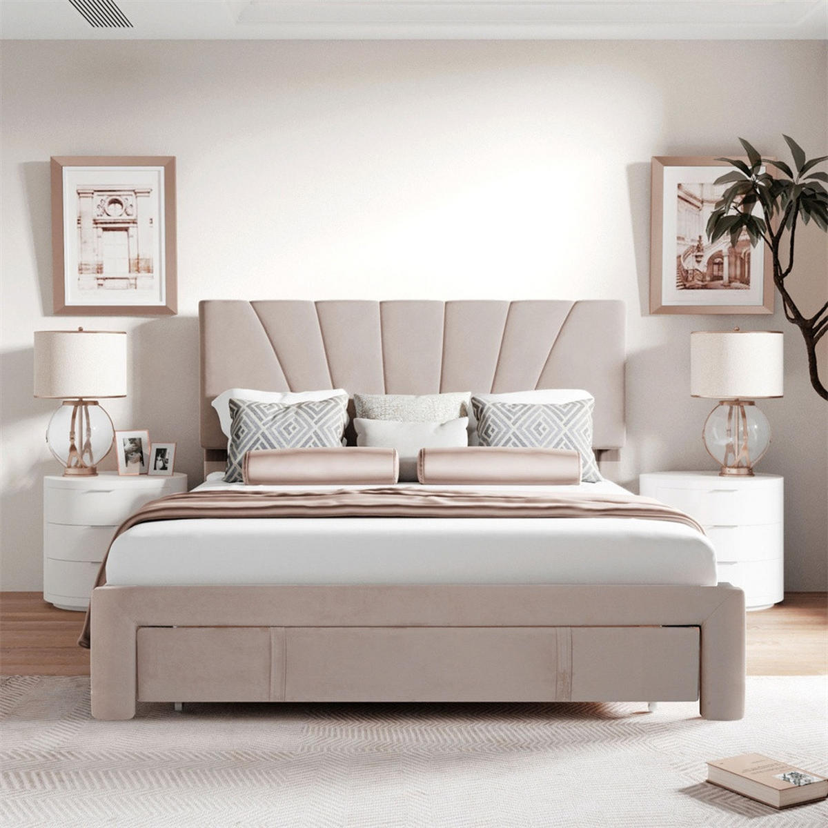 POLSTERBETT 140x200 cm mit höhenverstellbarem Kopfteil - Integrierte Bettschublade am Fußende - ohne Matratze - Beige - Beige, Textil (140/200cm) - DELFA