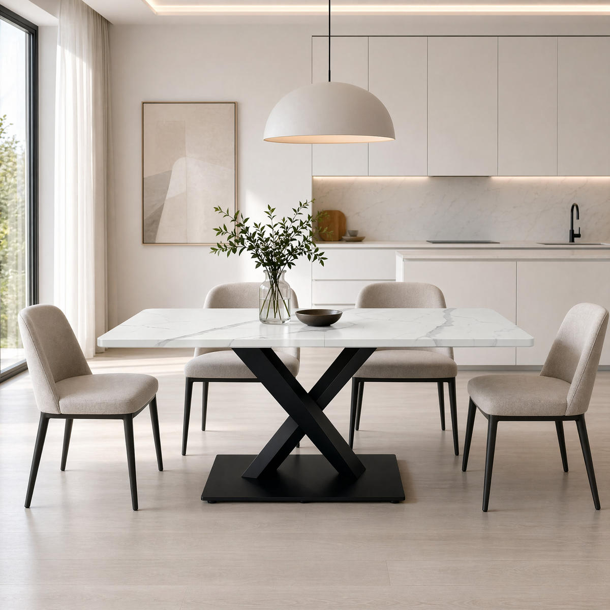 ESSTISCH in Weißer Marmor X-Form Küchentisch für 6-8 Personen, B120/T80/H75 cm - Schwarz/Weiß, Holzwerkstoff/Metall (160/80/75cm) - STILVORA