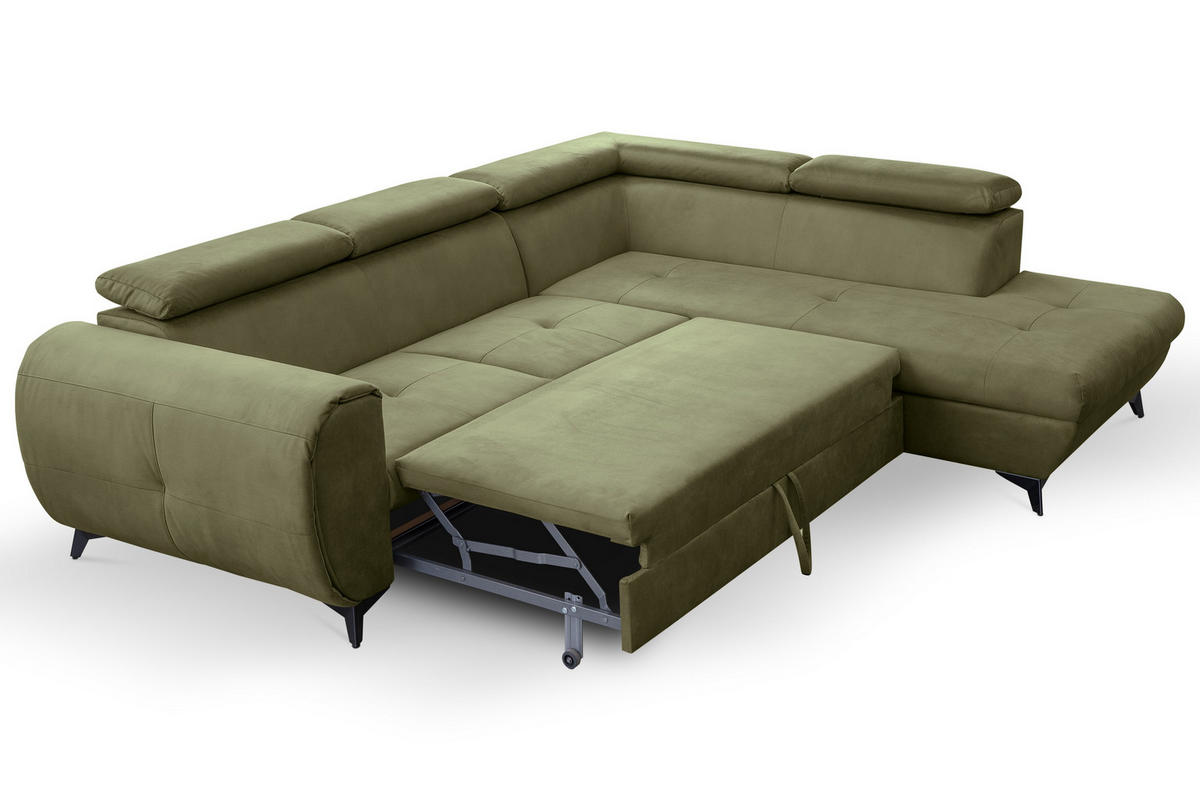 ECKSOFA MAGIA R-S Grün Plüsch-Stoff mit Schlaffunktion - Grün, Holz (260/217cm) - MASSENO