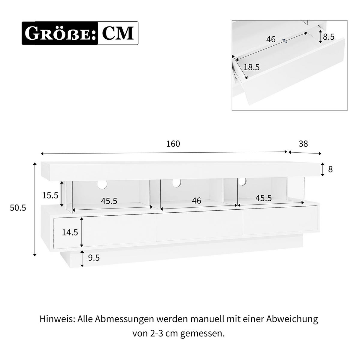 TV-LOWBOARD 160/38/50,5 cm mit Glaselementen, LED-Beleuchtung & Push-to-Open - Weiß, Holzwerkstoff (160/50.5/38cm) - BEAOK