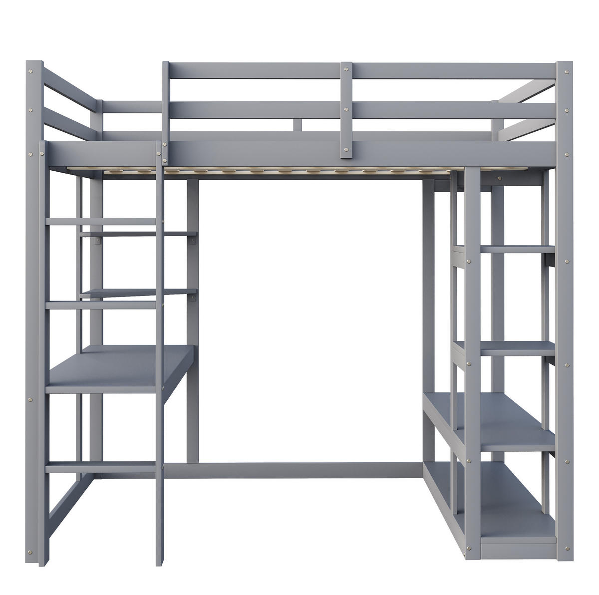 HOCHBETT 140/200 cm Grau mit Tisch und Regalen aus Massivholz mit Matratze - Grau, Holzwerkstoff (140/200cm) - OKWISH
