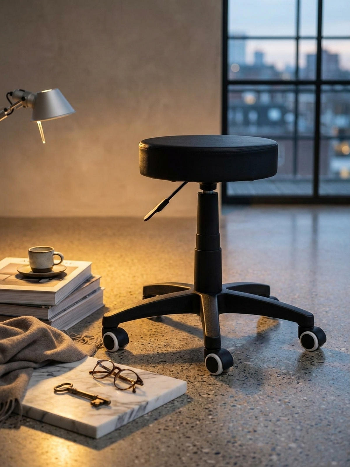 ARBEITSHOCKER Lederoptik 360° drehbar, höhenverstellbar, stabil, Schwarz 50x50x55 cm - Schwarz, Kunststoff/Textil (50/55/50cm) - KADIMA DESIGN