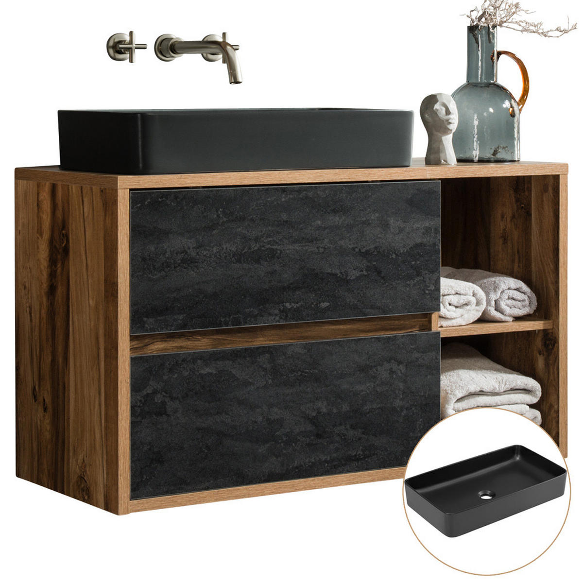 WASCHBECKENSCHRANK Harlow-56 - Anthrazit/Braun, Holzwerkstoff (100/71/46cm) - Lomado