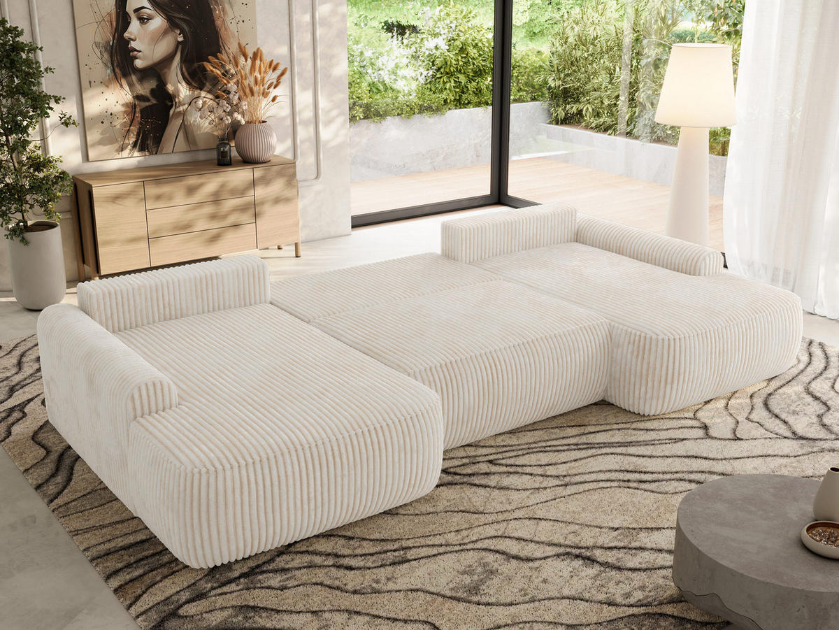 WOHNLANDSCHAFT CUBO U Creme Cord - Creme/Schwarz, Kunststoff/Textil (370/100/187cm) - MKS