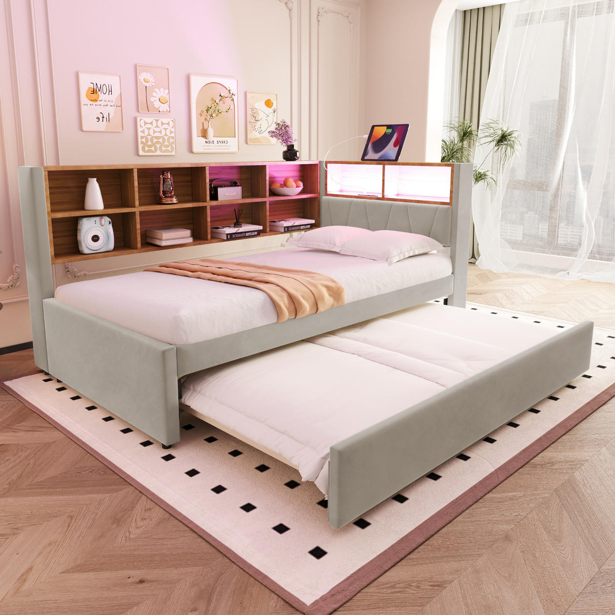 POLSTERBETT aus Flanell 90x200 cm Hellgrau mit Ausziehbett, LED, USB-C, Steckdose und Stauraum - Hellgrau, Textil (90/200cm) - Modfu