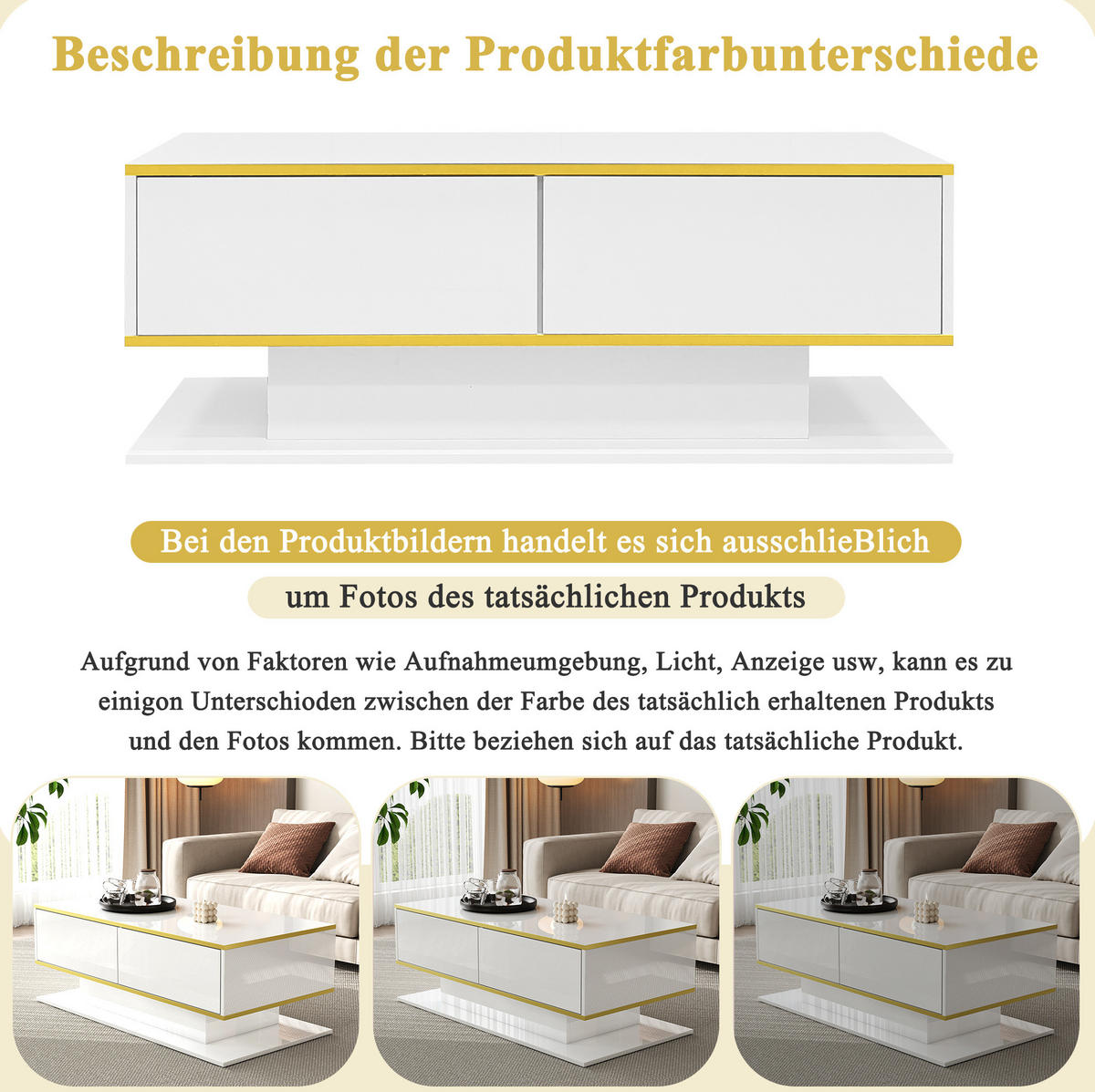 COUCHTISCH 100/50/40 cm in Weiß/Gold mit 3 Schubladen und LED-Beleuchtung - Weiß, Holzwerkstoff (100/50/40cm) - Flora Grace
