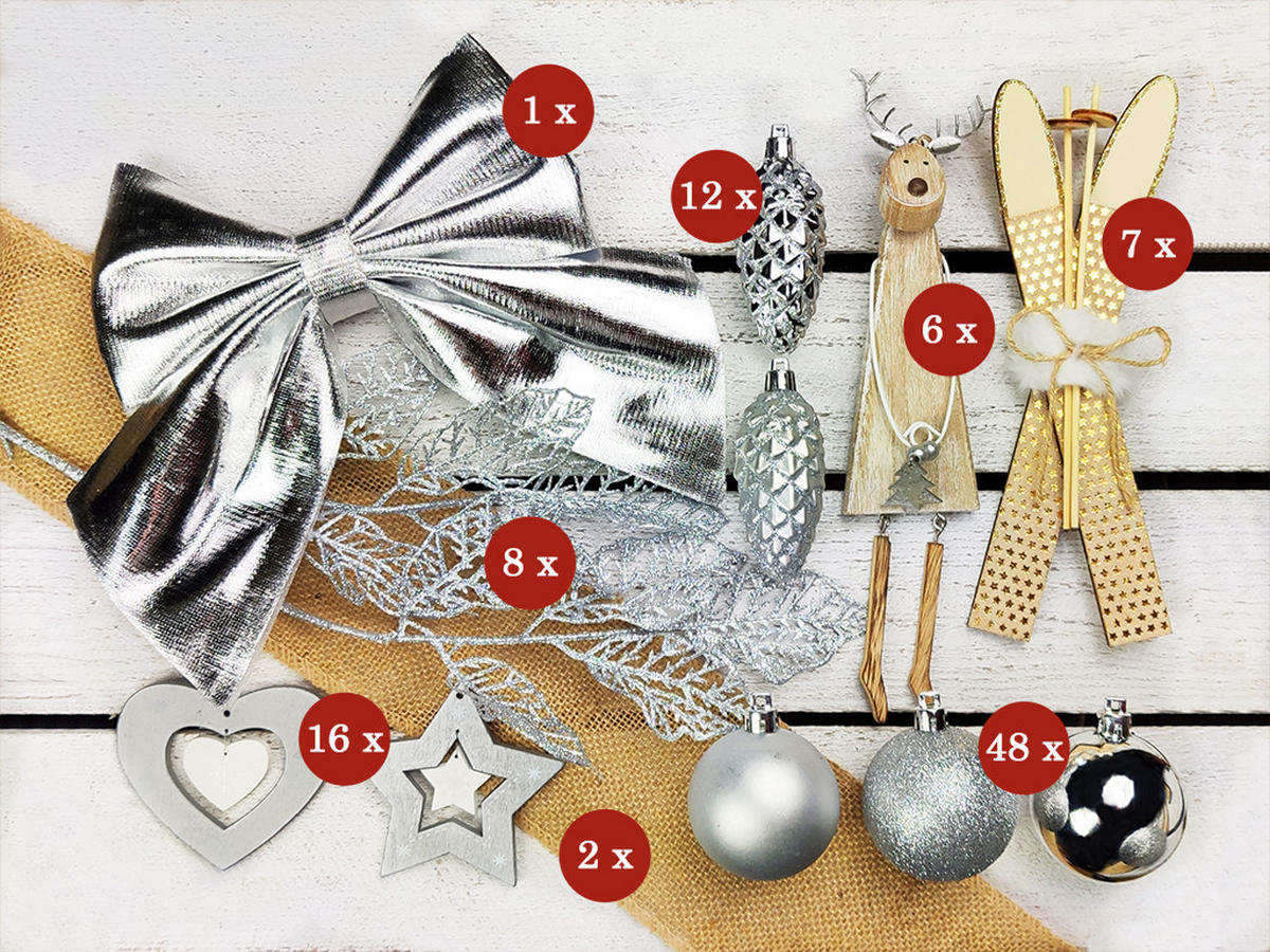WEIHNACHTSBAUMSCHMUCK-SET NORDGLANZ 136-teilig, für Weihnachtsbäume 240–270 cm, inkl. Aufbewahrungsbox - Silberfarben/Weiß, Holz/Kunststoff (55/50/75cm) - LAALU