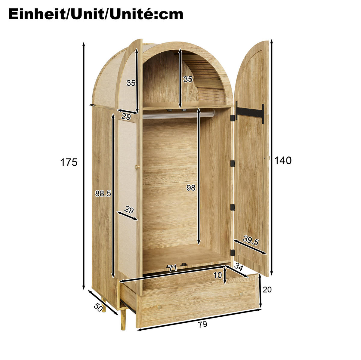KLEIDERSCHRANK aus MDF 79x50x175 cm Eichefarben mit Kleiderstange und Schubladen, stoffbezogene Türen - Nussbaumfarben, Holzwerkstoff (79/175/50cm) - Modfu