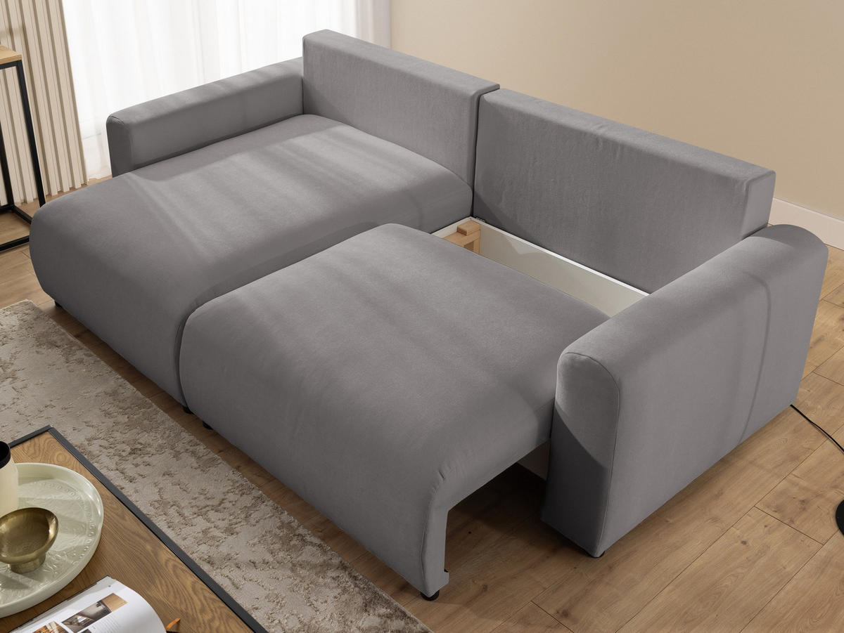 ECKSOFA Calma mit Schlaffunktion und Bettkasten im Bumpy-Design aus weichem Taupe Webstoff - Ottomane links - Taupe/Schwarz, Holz/Kunststoff (239/140cm) - S-Style